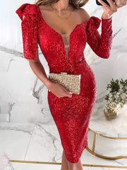 Inrosy mi-longue robe moulante brillante paillette v-cou manches longues femme élégant mode