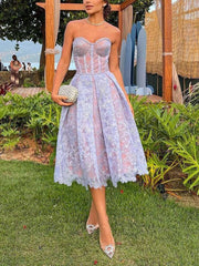 Inrosy mi-longue robe trapèze dentelle brodée bustier sans manches femme élégant de soirée de promo fete de cocktail