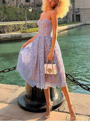 Inrosy mi-longue robe trapèze dentelle brodée bustier sans manches femme élégant de soirée de promo fete de cocktail