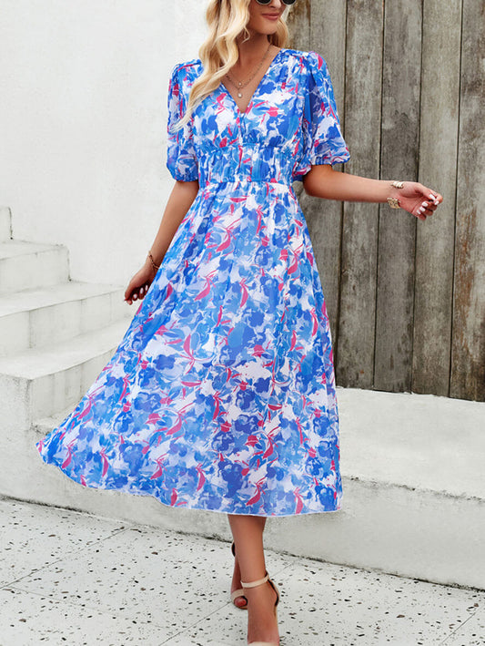 Inrosy mi-longue robe imprimé à fleurie mousseline v-cou manches courtes femme casual élégant décontracté de plage