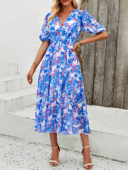 Inrosy mi-longue robe imprimé à fleurie mousseline v-cou manches courtes femme casual élégant décontracté de plage