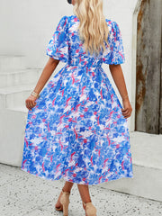 Inrosy mi-longue robe imprimé à fleurie mousseline v-cou manches courtes femme casual élégant décontracté de plage