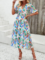 Inrosy mi-longue robe imprimé à fleurie mousseline v-cou manches courtes femme casual élégant décontracté de plage