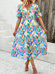 Inrosy mi-longue robe imprimé à fleurie mousseline v-cou manches courtes femme casual élégant décontracté de plage