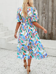 Inrosy mi-longue robe imprimé à fleurie mousseline v-cou manches courtes femme casual élégant décontracté de plage