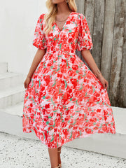 Inrosy mi-longue robe imprimé à fleurie mousseline v-cou manches courtes femme casual élégant décontracté de plage