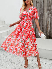 Inrosy mi-longue robe imprimé à fleurie mousseline v-cou manches courtes femme casual élégant décontracté de plage