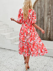 Inrosy mi-longue robe imprimé à fleurie mousseline v-cou manches courtes femme casual élégant décontracté de plage