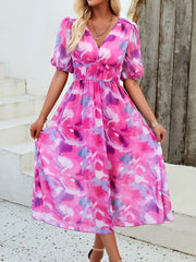 Inrosy mi-longue robe imprimé à fleurie mousseline v-cou manches courtes femme casual élégant décontracté de plage