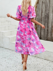 Inrosy mi-longue robe imprimé à fleurie mousseline v-cou manches courtes femme casual élégant décontracté de plage