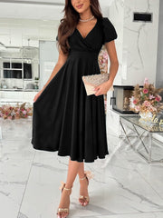 Inrosy mi-longue robe v-cou manches bouffantes manches courtes femme doux élégant invité mariage champetre