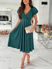 Inrosy mi-longue robe v-cou manches bouffantes manches courtes femme doux élégant invité mariage champetre