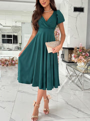 Inrosy mi-longue robe v-cou manches bouffantes manches courtes femme doux élégant invité mariage champetre