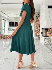 Inrosy mi-longue robe v-cou manches bouffantes manches courtes femme doux élégant invité mariage champetre