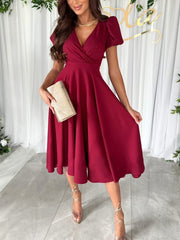Inrosy mi-longue robe v-cou manches bouffantes manches courtes femme doux élégant invité mariage champetre