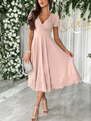 Inrosy mi-longue robe v-cou manches bouffantes manches courtes femme doux élégant invité mariage champetre