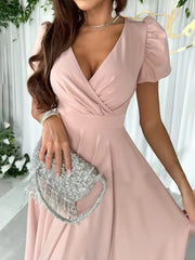 Inrosy mi-longue robe v-cou manches bouffantes manches courtes femme doux élégant invité mariage champetre