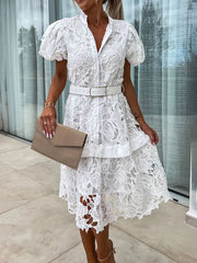 Inrosy mi-longue robe dentelle broderie anglaise boutonnage ceinture col montant manches courtes femme élégant ample