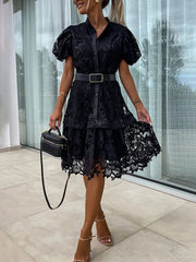 Inrosy mi-longue robe dentelle broderie anglaise boutonnage ceinture col montant manches courtes femme élégant ample