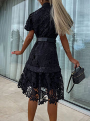 Inrosy mi-longue robe dentelle broderie anglaise boutonnage ceinture col montant manches courtes femme élégant ample