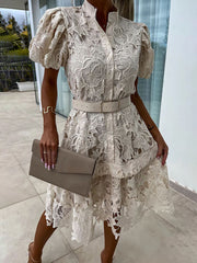 Inrosy mi-longue robe dentelle broderie anglaise boutonnage ceinture col montant manches courtes femme élégant ample