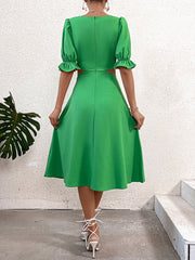 Inrosy mi-longue robe découpes v-cou manches bouffantes manches courtes femme élégant décontracté casual de plage