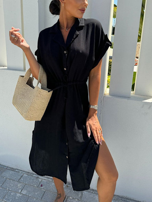 Inrosy mi-longue chemises robe fendu boutonnage manches courtes coulisse taille femme casual lâche décontracté plage blouse