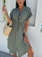Inrosy mi-longue chemises robe fendu boutonnage manches courtes coulisse taille femme casual lâche décontracté plage blouse