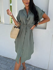 Inrosy mi-longue chemises robe fendu boutonnage manches courtes coulisse taille femme casual lâche décontracté plage blouse