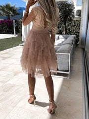 Inrosy robe courte bouffante tutu en tulle irrégulière dentelle dos nu v-cou sans manches élégant femme de cocktail