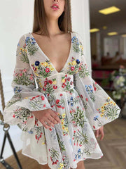 Inrosy robe courte trapèze fleurie fluide brodée v-cou manches longues femme de cocktail