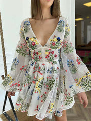 Inrosy robe courte trapèze fleurie fluide brodée v-cou manches longues femme de cocktail