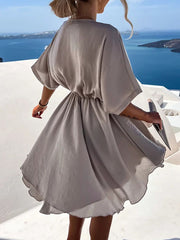 Inrosy robe courte satin à volantée fluide v-cou manches courtes femme mode décontracté de plage