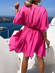 Inrosy robe courte satin à volantée fluide v-cou manches courtes femme mode décontracté de plage