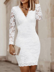 Inrosy mini robe moulante dentelle v-cou manches longues élégant femme de cocktail