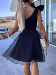 Inrosy mini robe bouffante tutu tulle trapèze noeud papillon dos nu une épaule sans manches femme doux élégant de cocktail