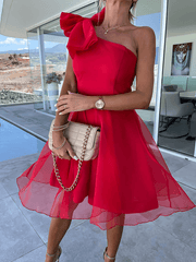 Inrosy mini robe bouffante tutu tulle trapèze noeud papillon dos nu une épaule sans manches femme doux élégant de cocktail