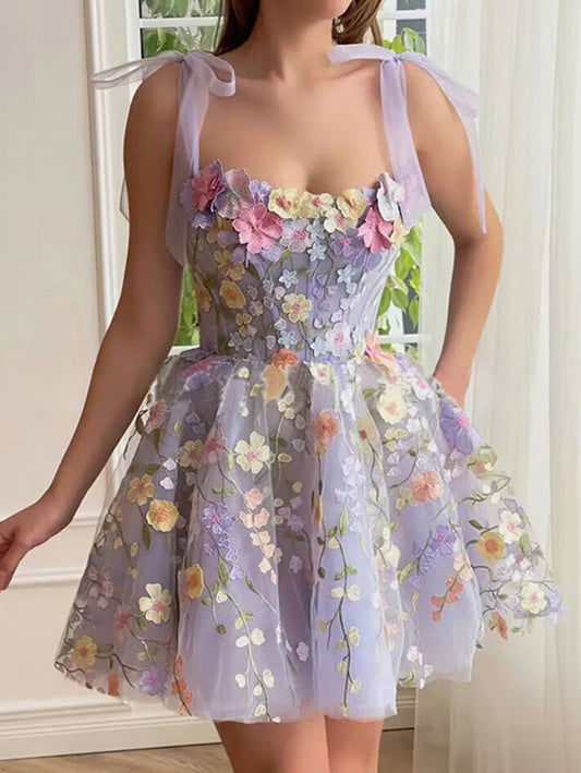 Inrosy robe courte dentelle tulle brodée appliques bustier à fines brides sans manches femme doux élégant de cocktail