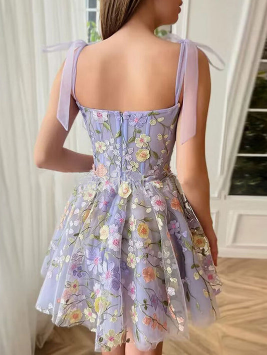 Inrosy robe courte dentelle tulle brodée appliques bustier à fines brides sans manches femme doux élégant de cocktail