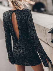 Inrosy mini robe brillante paillette dos nu col rond manches fendues manches longues mode décontracté vintage femme de cocktail