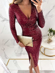 Inrosy robe courte moulante brillante paillette fendu le côté v-cou manches longues femme élégant de soirée de cocktail