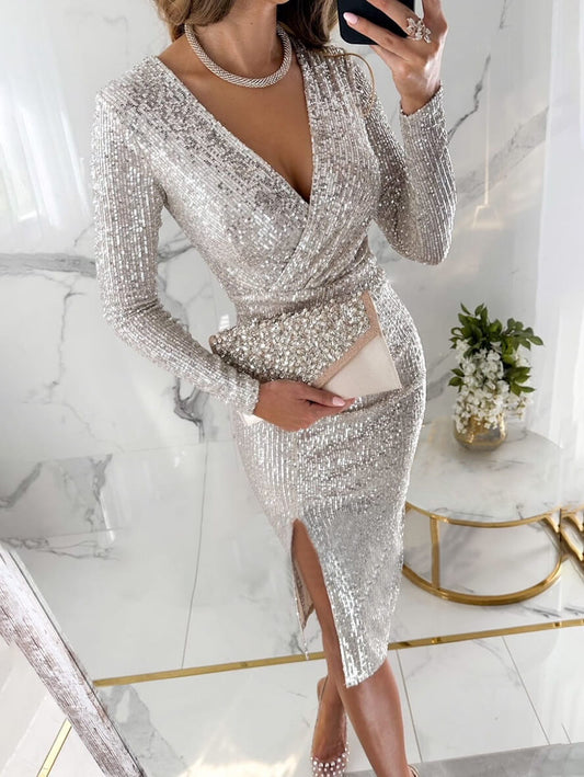 Inrosy robe courte moulante brillante paillette fendu le côté v-cou manches longues femme élégant de soirée de cocktail