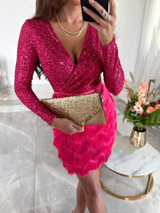 Inrosy robe courte moulante brillante paillette frange v-cou manches longues femme élégant mode de cocktail