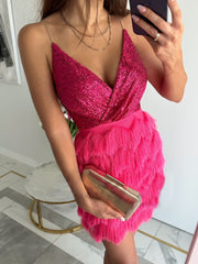 Inrosy robe courte moulante frange brillante paillette v-cou sans manches femme mode de cocktail