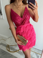 Inrosy robe courte moulante frange brillante paillette v-cou sans manches femme mode de cocktail