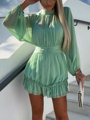 Inrosy robe courte mousseline col montant volantée fluide manches longues femme élégant boho mode décontracté