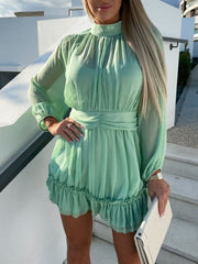 Inrosy robe courte mousseline col montant volantée fluide manches longues femme élégant boho mode décontracté