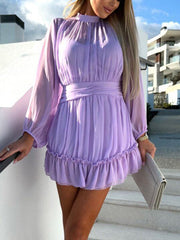 Inrosy robe courte mousseline col montant volantée fluide manches longues femme élégant boho mode décontracté