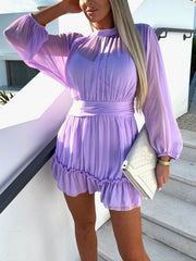 Inrosy robe courte mousseline col montant volantée fluide manches longues femme élégant boho mode décontracté