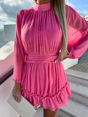 Inrosy robe courte mousseline col montant volantée fluide manches longues femme élégant boho mode décontracté